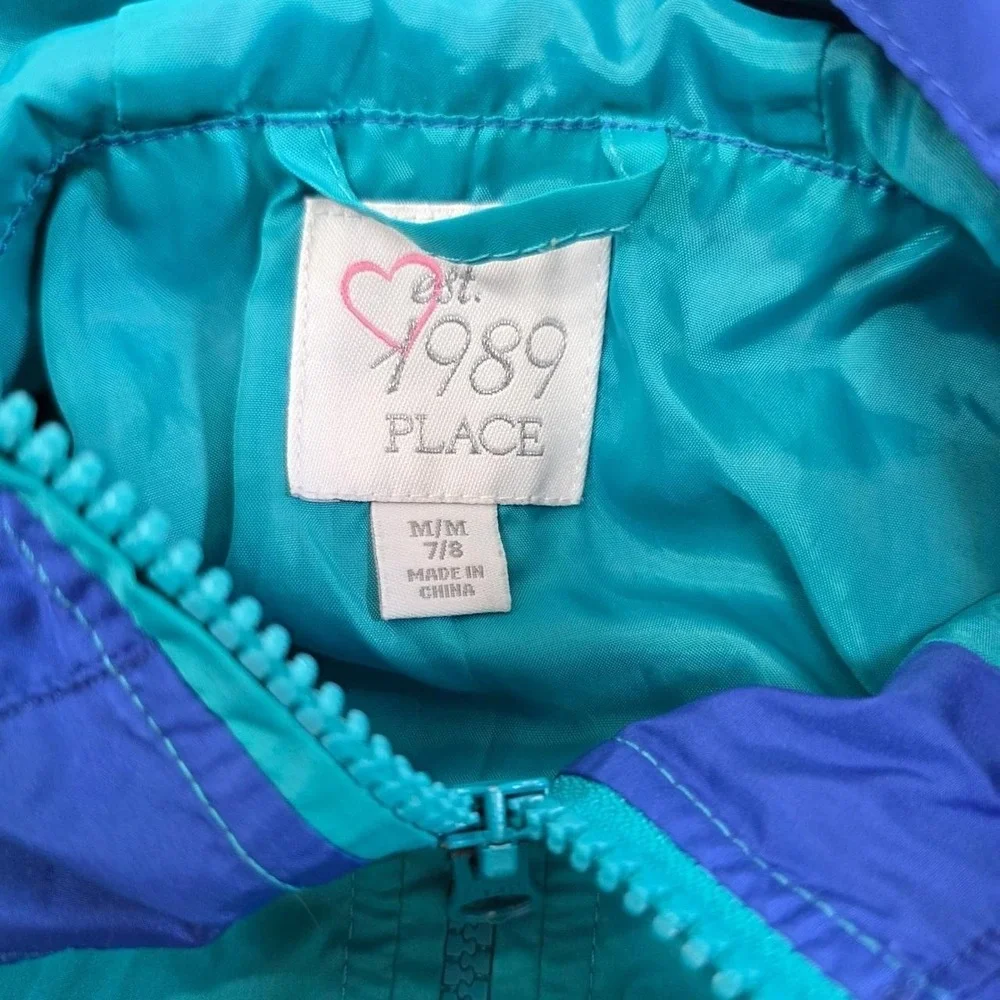 Y2K The Childrens Place Kids Blue Teal Colorblock Hooded Windbreaker Jacket 2007